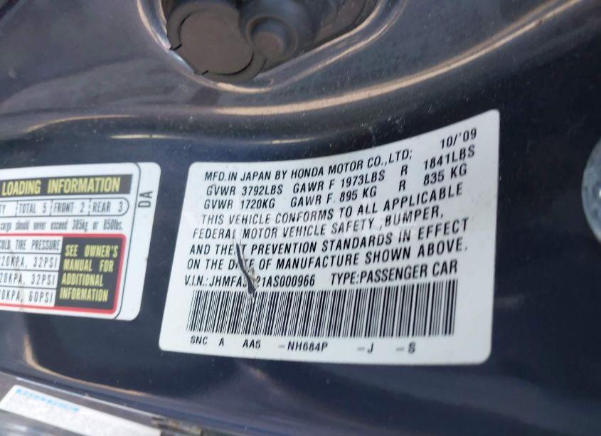 Photo 9 of 2010 Honda Civic HYBRID (VIN JHMFA3F21AS000966)