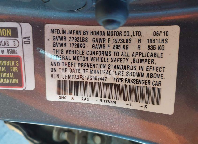 Photo 9 of 2010 Honda Civic HYBRID (VIN JHMFA3F21AS007447)