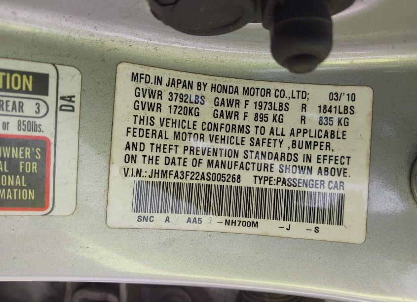 Photo 9 of 2010 Honda Civic HYBRID (VIN JHMFA3F22AS005268)
