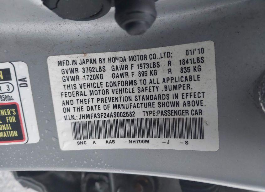 Photo 9 of 2010 Honda Civic HYBRID (VIN JHMFA3F24AS002582)