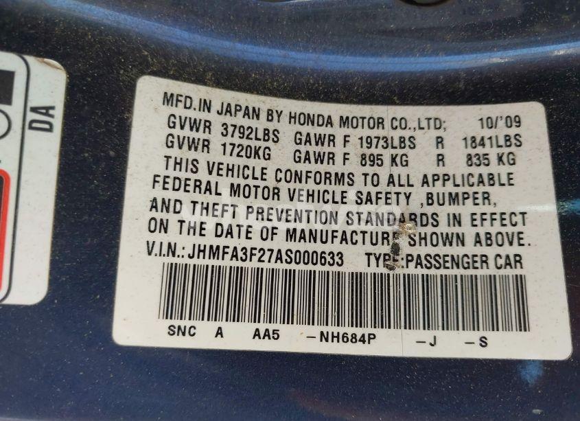 Photo 9 of 2010 Honda Civic HYBRID (VIN JHMFA3F27AS000633)