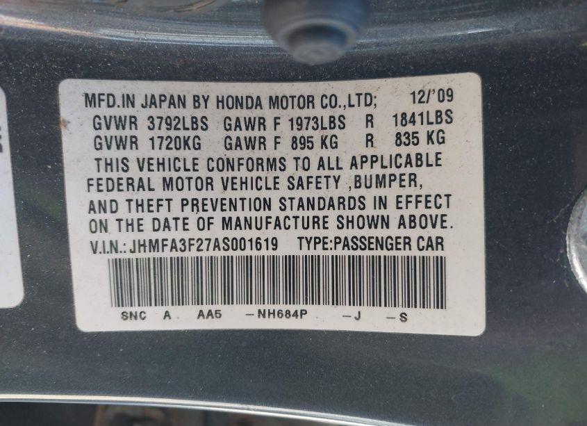 Photo 9 of 2010 Honda Civic HYBRID (VIN JHMFA3F27AS001619)