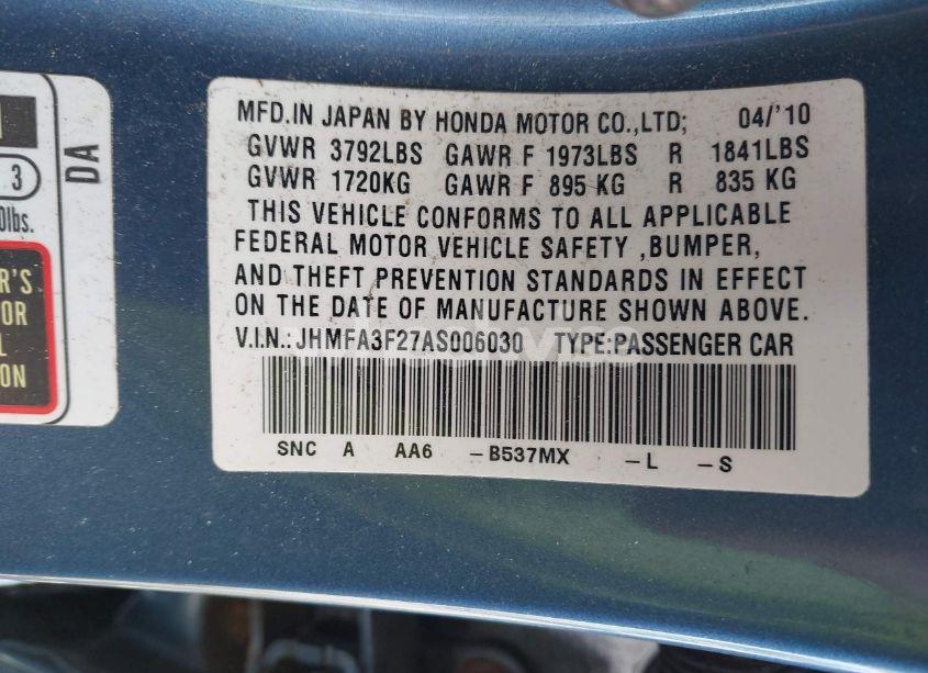 Photo 9 of 2010 Honda Civic HYBRID (VIN JHMFA3F27AS006030)