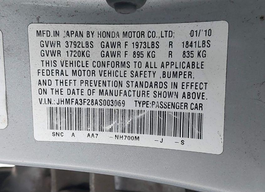 Photo 9 of 2010 Honda Civic HYBRID (VIN JHMFA3F28AS003069)