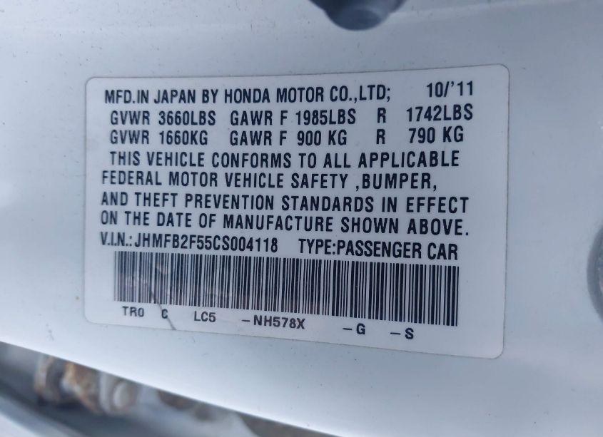 Photo 9 of 2012 Honda Civic SDN LX (VIN JHMFB2F55CS004118)