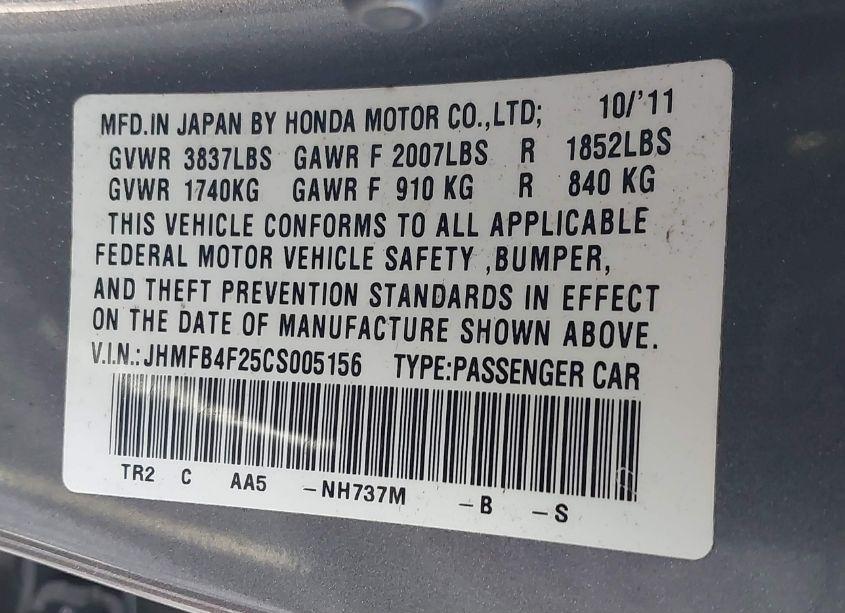 Photo 9 of 2012 Honda Civic HYBRID BASE (CVT) (VIN JHMFB4F25CS005156)