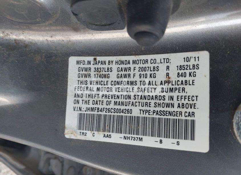 Photo 9 of 2012 Honda Civic HYBRID (VIN JHMFB4F26CS004260)