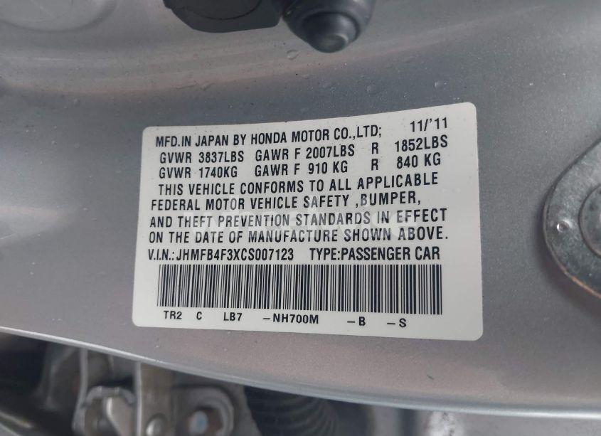 Photo 9 of 2012 Honda Civic HYBRID (VIN JHMFB4F3XCS007123)