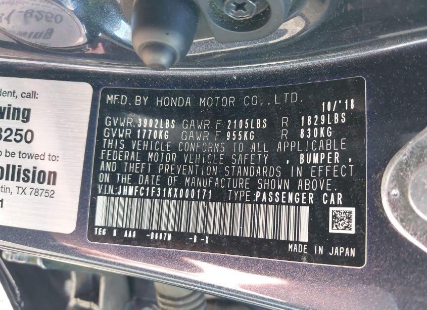 Photo 9 of 2019 Honda Civic EX (VIN JHMFC1F31KX000171)