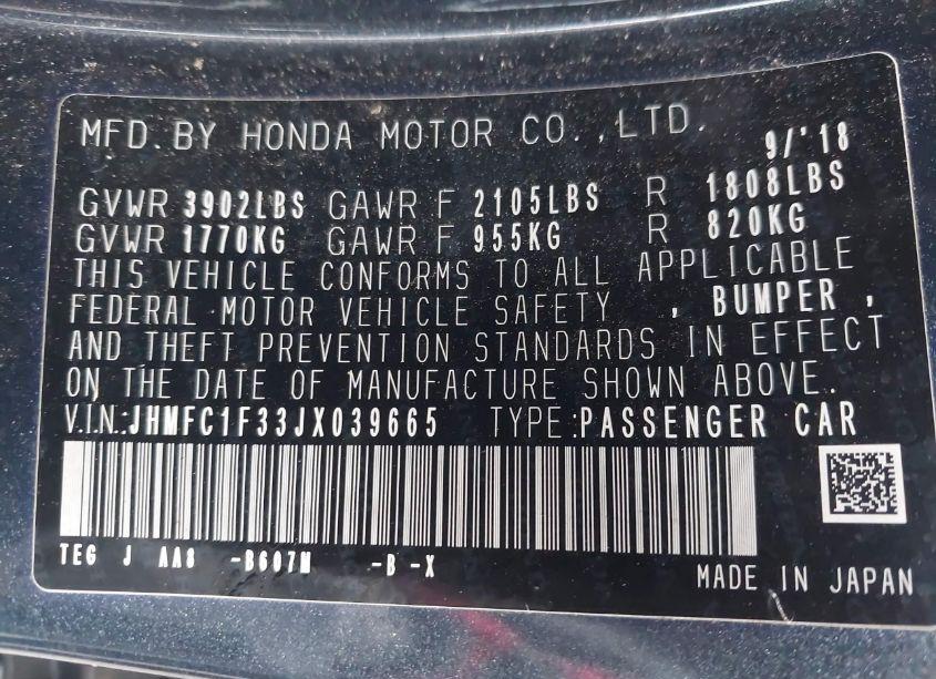 Photo 9 of 2018 Honda Civic EX-T (VIN JHMFC1F33JX039665)