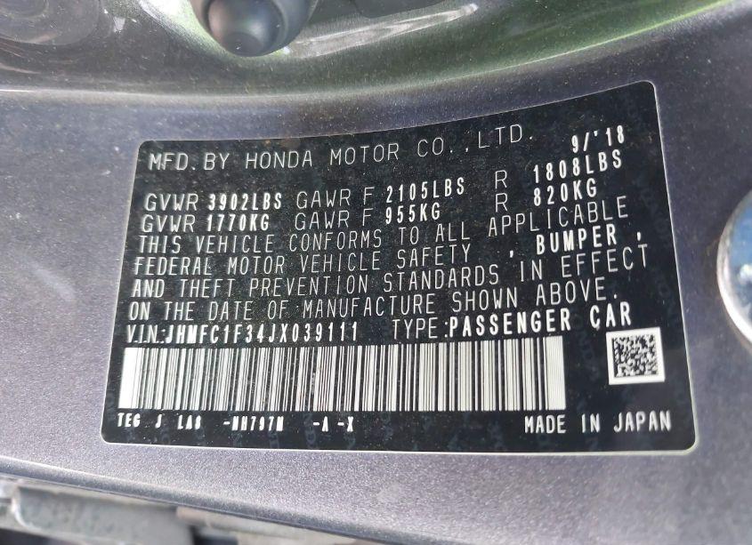 Photo 9 of 2018 Honda Civic EX-T (VIN JHMFC1F34JX039111)