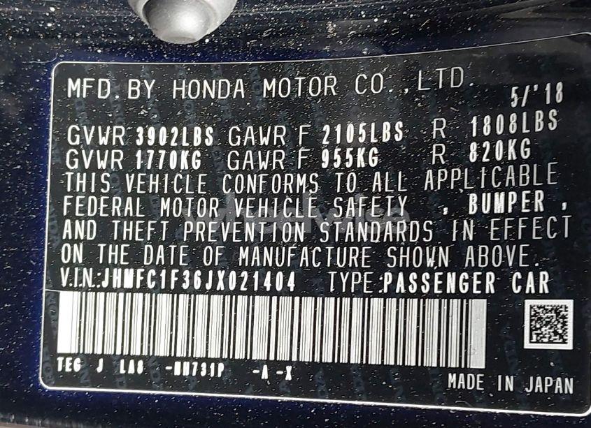 Photo 9 of 2018 Honda Civic EX-T (VIN JHMFC1F36JX021404)