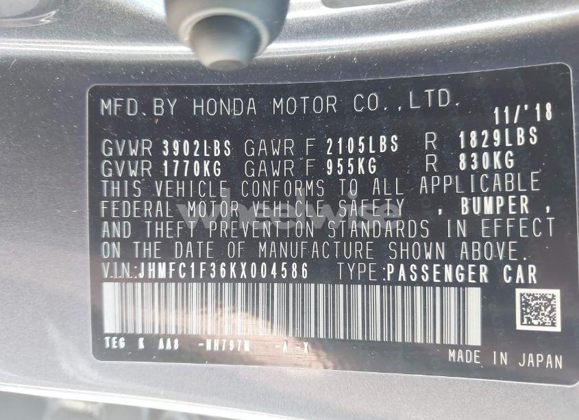 Photo 9 of 2019 Honda Civic EX (VIN JHMFC1F36KX004586)