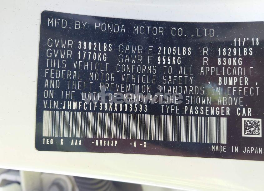 Photo 9 of 2019 Honda Civic EX (VIN JHMFC1F39KX003593)