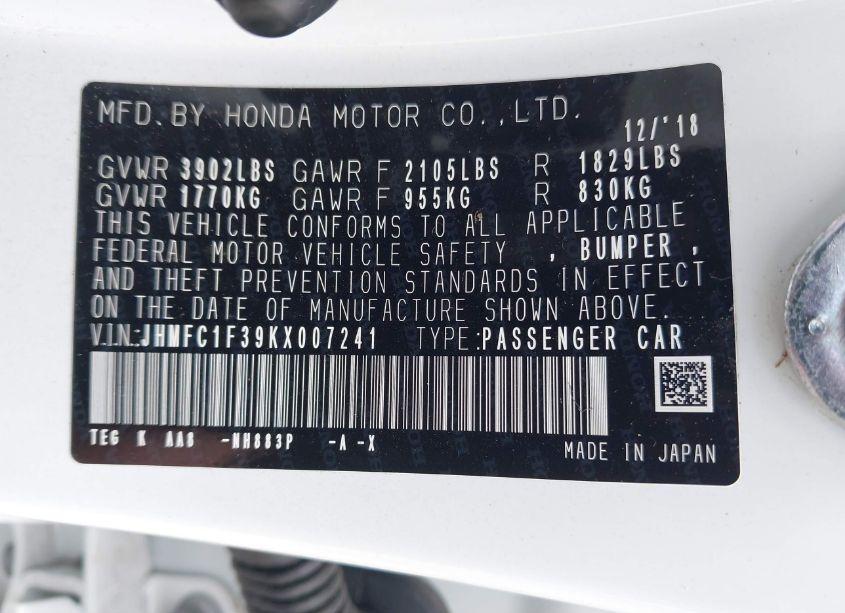 Photo 9 of 2019 Honda Civic EX (VIN JHMFC1F39KX007241)