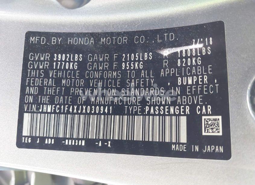 Photo 9 of 2018 Honda Civic EX-T (VIN JHMFC1F4XJX030941)