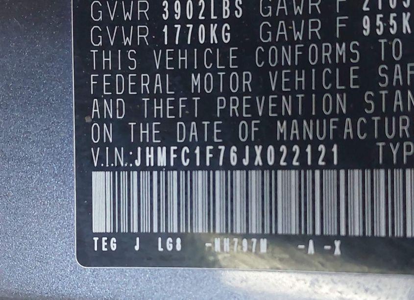 Photo 9 of 2018 Honda Civic EX-L (VIN JHMFC1F76JX022121)