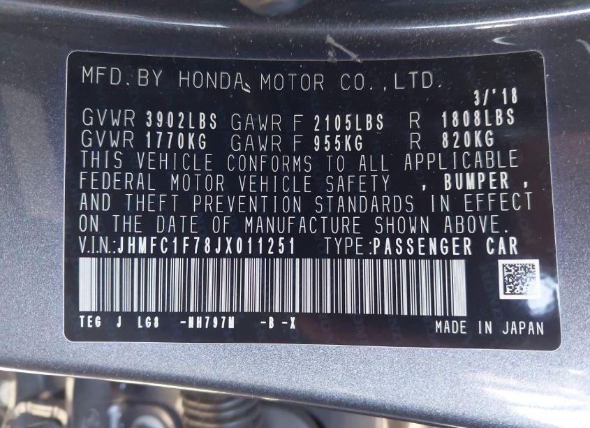 Photo 9 of 2018 Honda Civic EX-L (VIN JHMFC1F78JX011251)