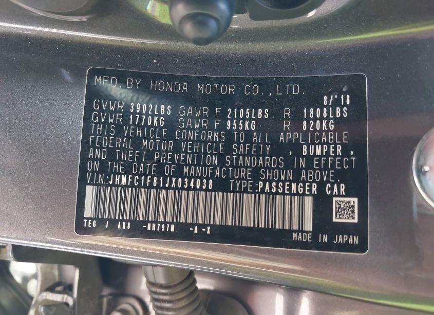 Photo 9 of 2018 Honda Civic EX-L (VIN JHMFC1F81JX034038)