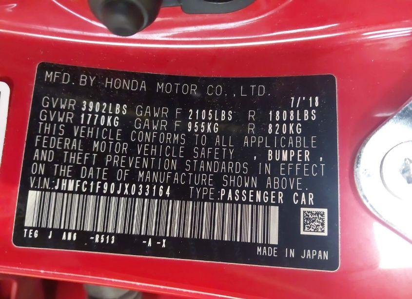 Photo 9 of 2018 Honda Civic TOURING (VIN JHMFC1F90JX033164)