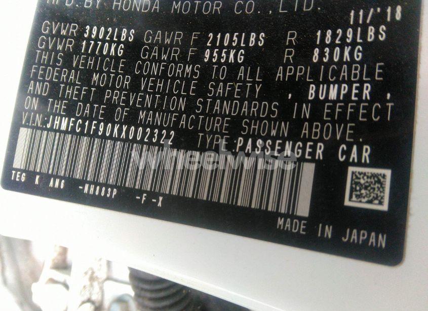 Photo 9 of 2019 Honda Civic TOURING (VIN JHMFC1F90KX002322)