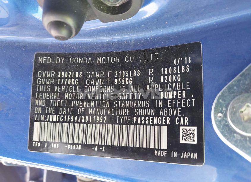 Photo 9 of 2018 Honda Civic TOURING (VIN JHMFC1F94JX011992)