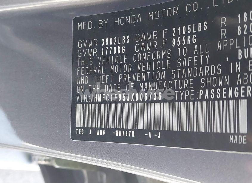 Photo 9 of 2018 Honda Civic TOURING (VIN JHMFC1F95JX006736)