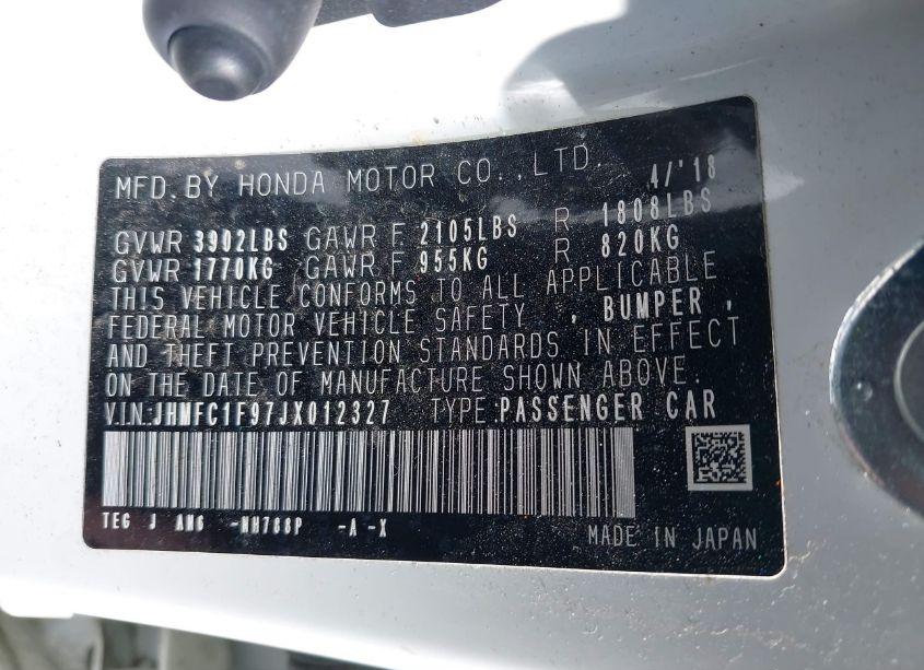 Photo 9 of 2018 Honda Civic TOURING (VIN JHMFC1F97JX012327)