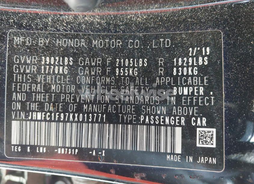 Photo 9 of 2019 Honda Civic TOURING (VIN JHMFC1F97KX013771)