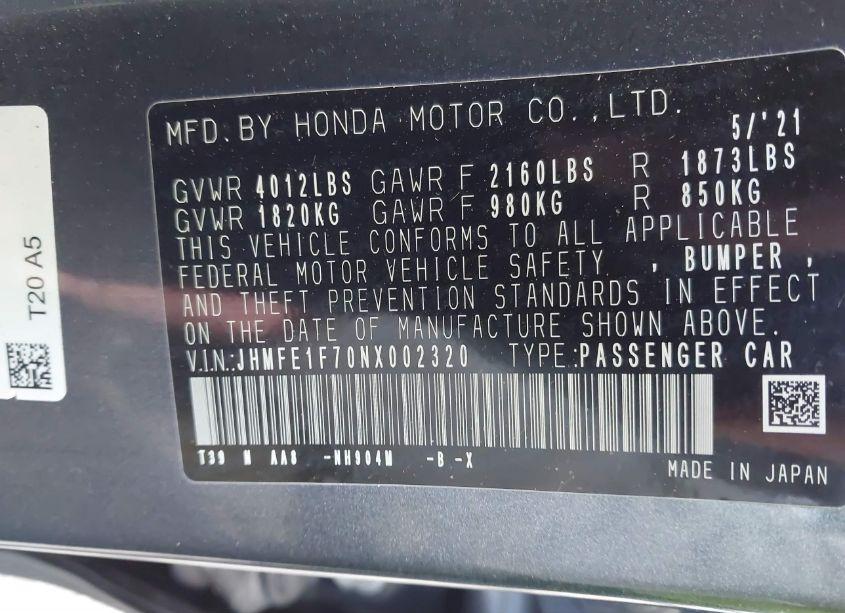 Photo 9 of 2022 Honda Civic EX (VIN JHMFE1F70NX002320)