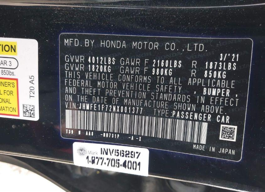 Photo 9 of 2022 Honda Civic EX (VIN JHMFE1F72NX001377)