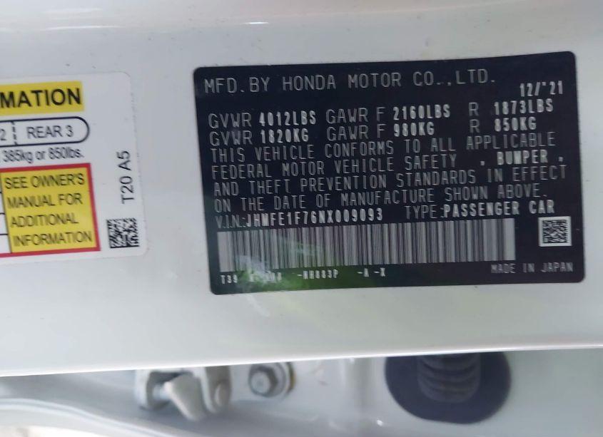 Photo 9 of 2022 Honda Civic EX (VIN JHMFE1F76NX009093)