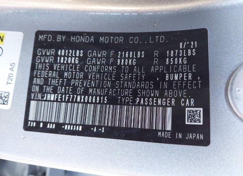 Photo 9 of 2022 Honda Civic EX (VIN JHMFE1F77NX006915)