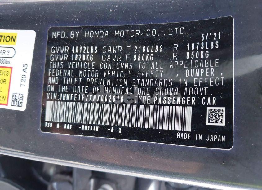 Photo 9 of 2022 Honda Civic EX (VIN JHMFE1F7XNX002616)