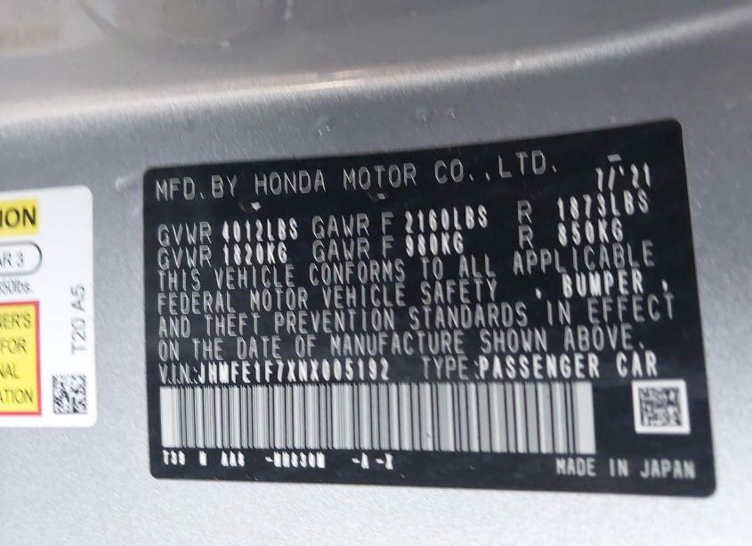 Photo 9 of 2022 Honda Civic EX (VIN JHMFE1F7XNX005192)