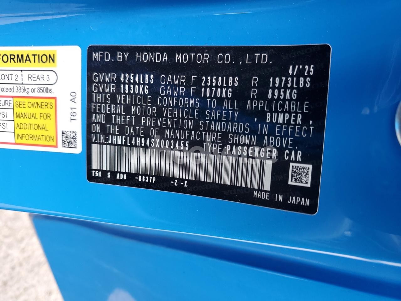 Photo 12 of 2025 HONDA CIVIC SPORT TOURING (VIN JHMFL4H94SX003455)