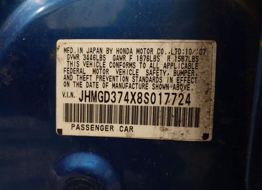 Photo 9 of 2008 Honda Fit (VIN JHMGD374X8S017724)