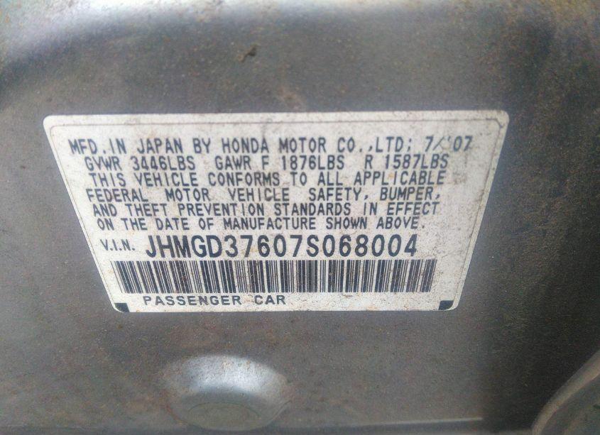 Photo 9 of 2007 Honda Fit SPORT (VIN JHMGD37607S068004)