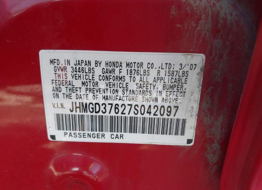 Photo 9 of 2007 Honda Fit SPORT (VIN JHMGD37627S042097)