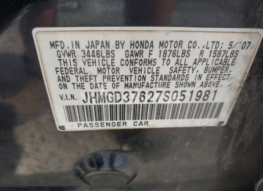 Photo 9 of 2007 Honda Fit SPORT (VIN JHMGD37627S051981)