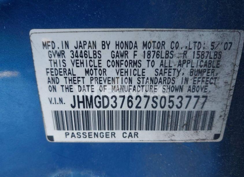 Photo 9 of 2007 Honda Fit SPORT (VIN JHMGD37627S053777)