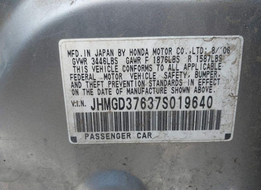 Photo 9 of 2007 Honda Fit SPORT (VIN JHMGD37637S019640)