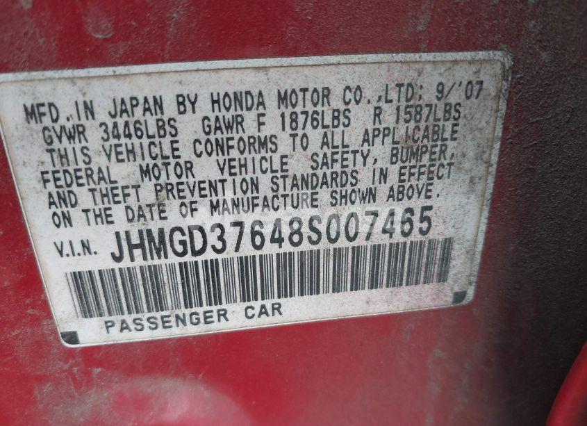 Photo 9 of 2008 Honda Fit SPORT (VIN JHMGD37648S007465)