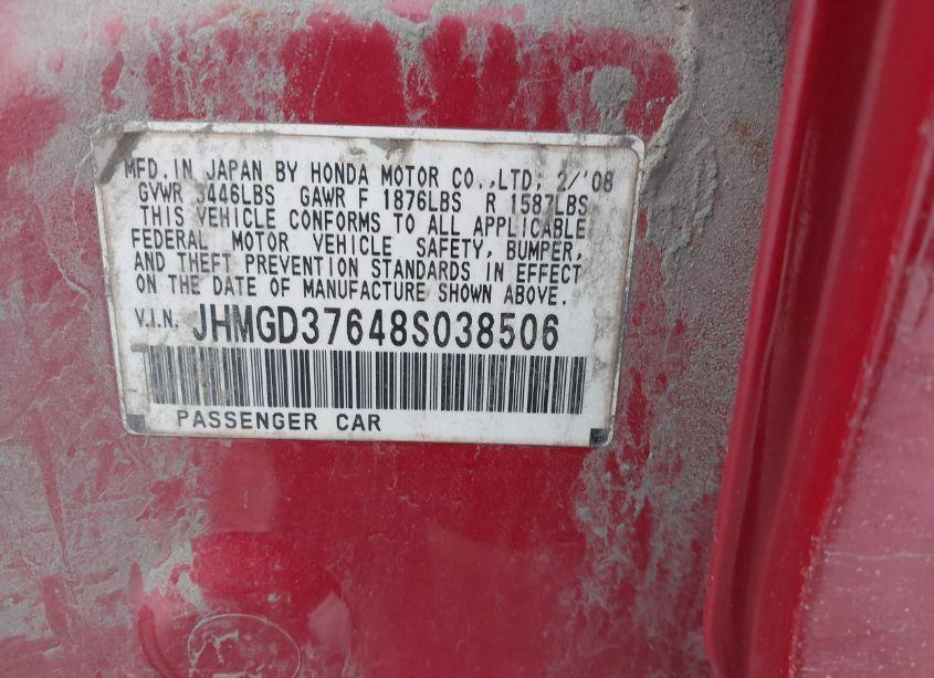 Photo 9 of 2008 Honda Fit SPORT (VIN JHMGD37648S038506)