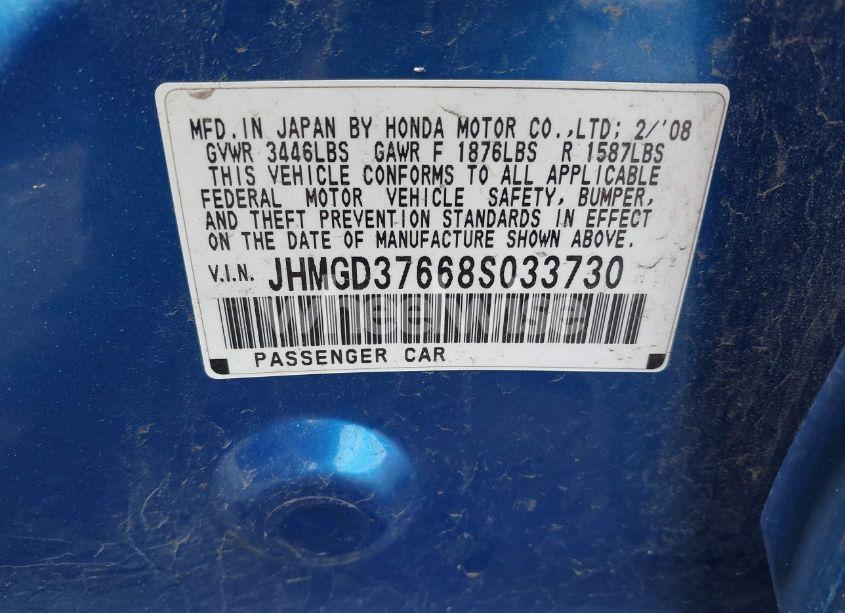 Photo 9 of 2008 Honda Fit SPORT (VIN JHMGD37668S033730)