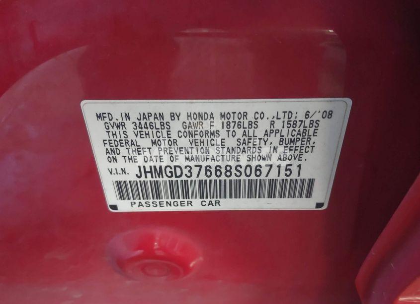 Photo 9 of 2008 Honda Fit SPORT (VIN JHMGD37668S067151)