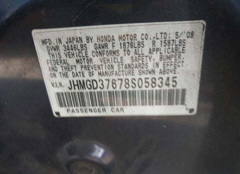 Photo 9 of 2008 Honda Fit SPORT (VIN JHMGD37678S058345)