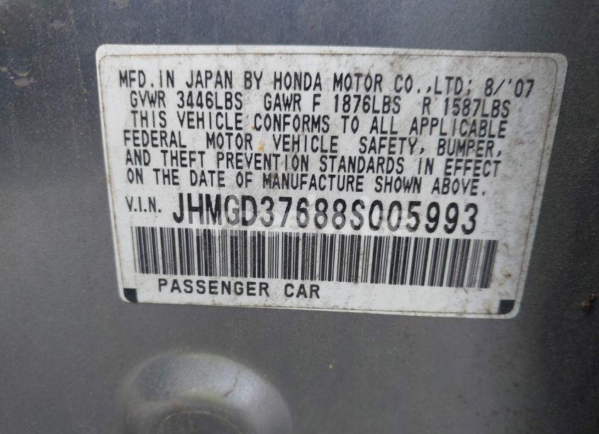 Photo 9 of 2008 Honda Fit SPORT (VIN JHMGD37688S005993)