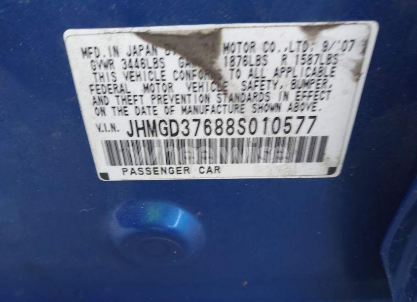 Photo 9 of 2008 Honda Fit SPORT (VIN JHMGD37688S010577)