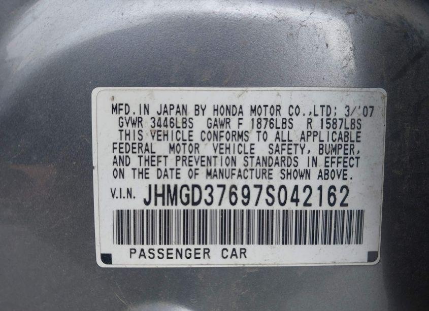 Photo 9 of 2007 Honda Fit SPORT (VIN JHMGD37697S042162)